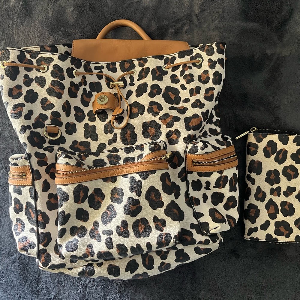 Tory Burch Leopard Print Backpack and Wallet Set